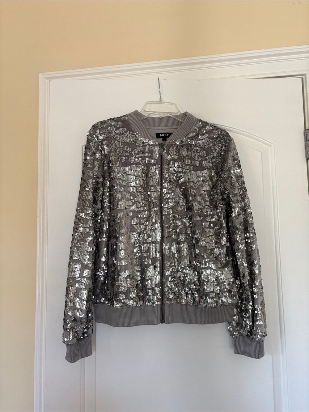 DKNY Silver Sequin Bomber Jacket with Ribbed Trim